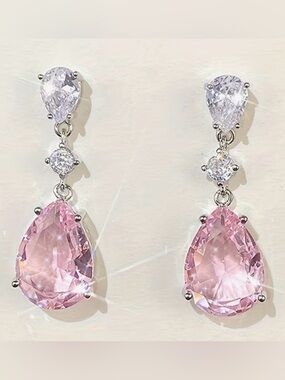 White Gold Plated Pink CZ Teardrop Dangle Drop Earrings. New.